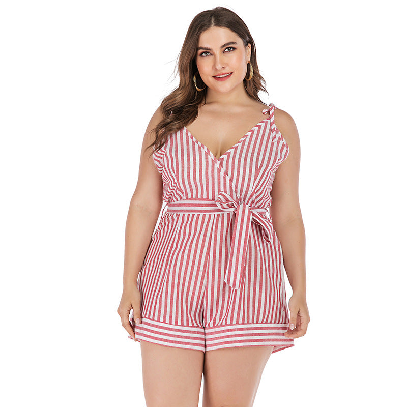 Plus Size Women Clothing Summer Fresh Sweet Jumpsuit Women Printed Red White Striped Spaghetti Straps Suit