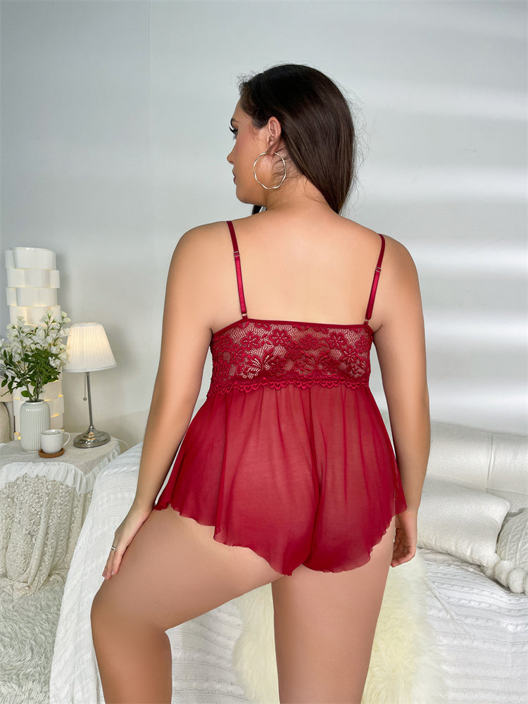 Plus Size Sexy Deep V Plunge Lace Mesh See through Sexy Lingerie Passion Women Overall Crisscross