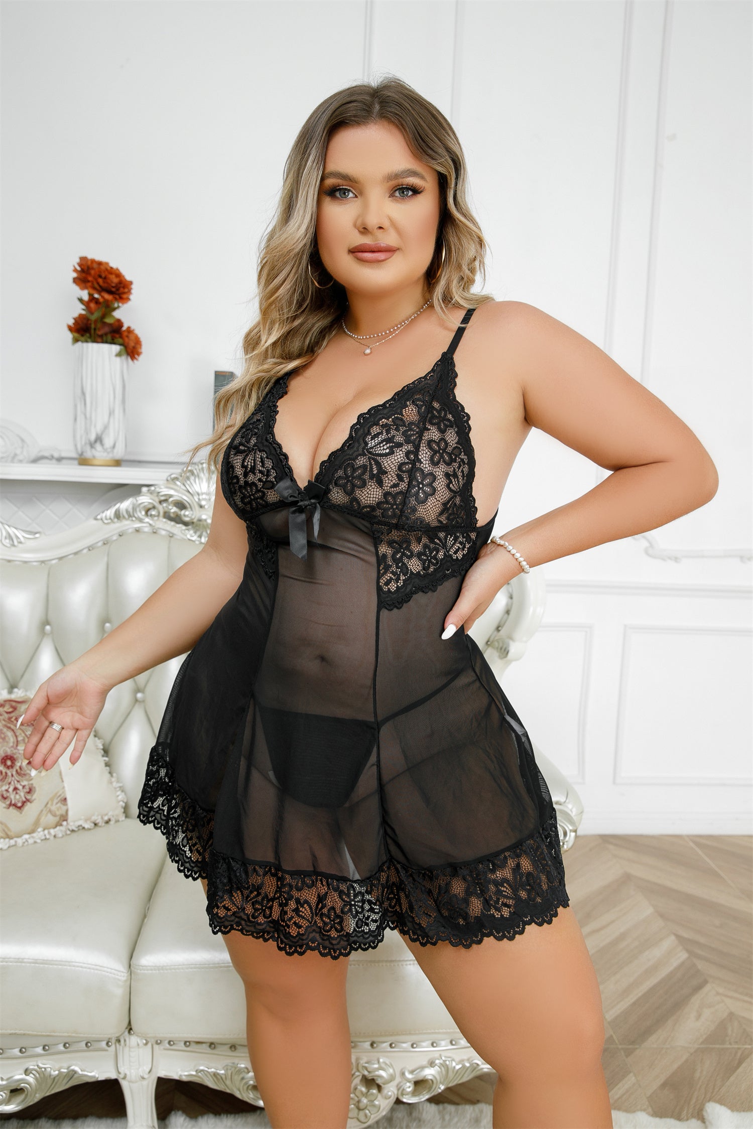 Plus Size  Sexy Lace Suit Sexy Lingerie Black See through Sexy Sleepwear
