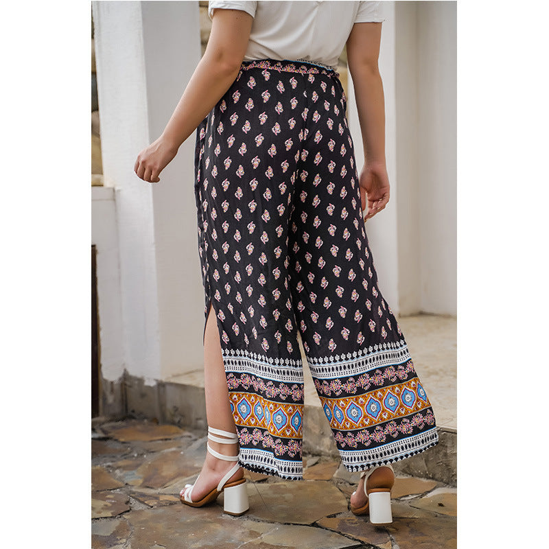 Plus Size Summer Casual Floral Wide-Leg Pants Loose  Casual Pants High Waist Straight Pants