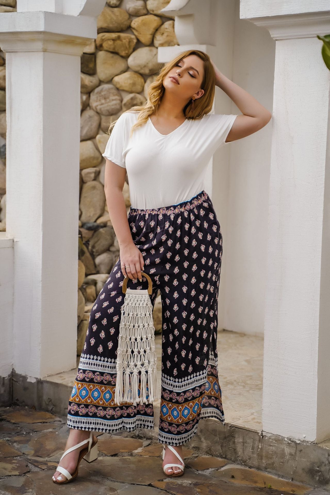 Plus Size Summer Casual Floral Wide-Leg Pants Loose  Casual Pants High Waist Straight Pants