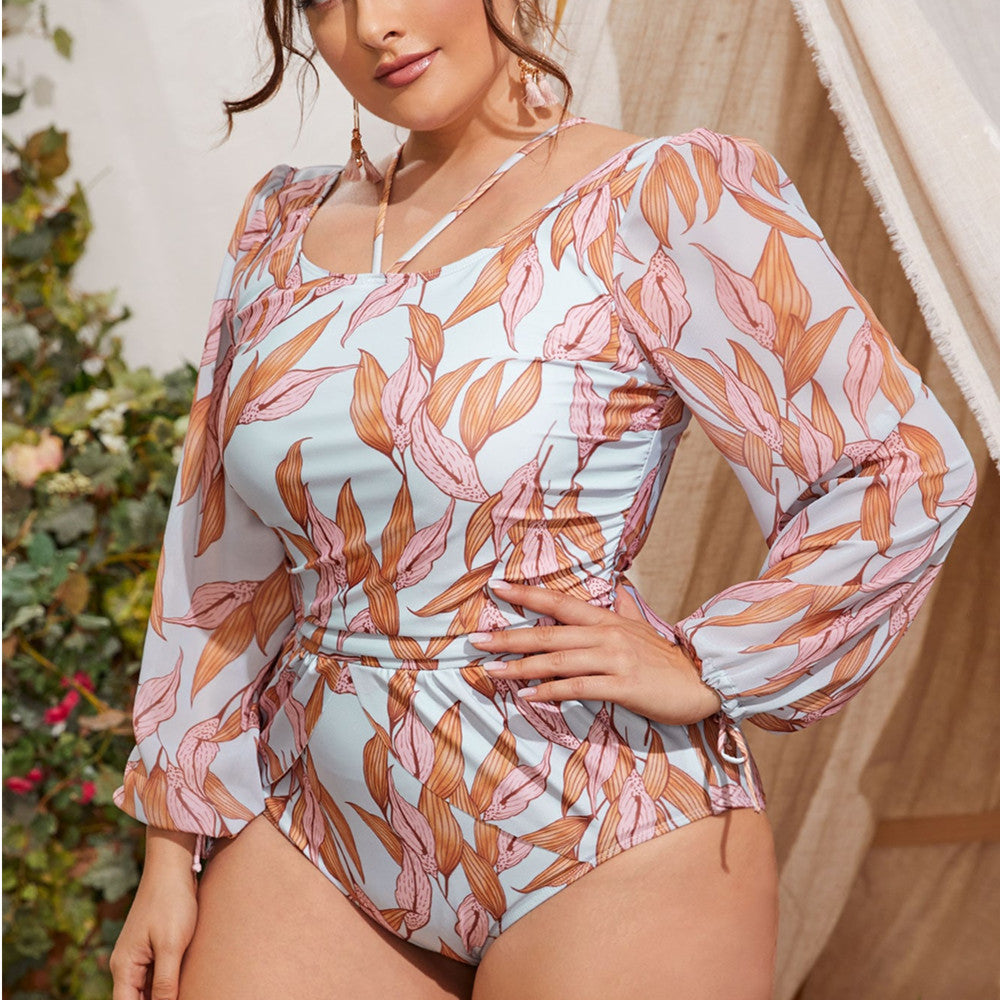 Plus Size Arrival Ladies plus Sized  One Piece Swimsuit Chiffon Long Sleeve Printed