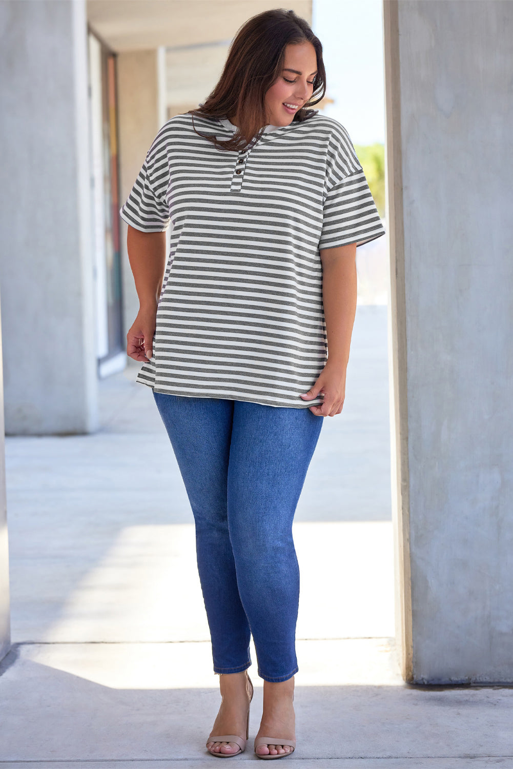 Plus Size Striped Notched Neck Short Sleeve Tee