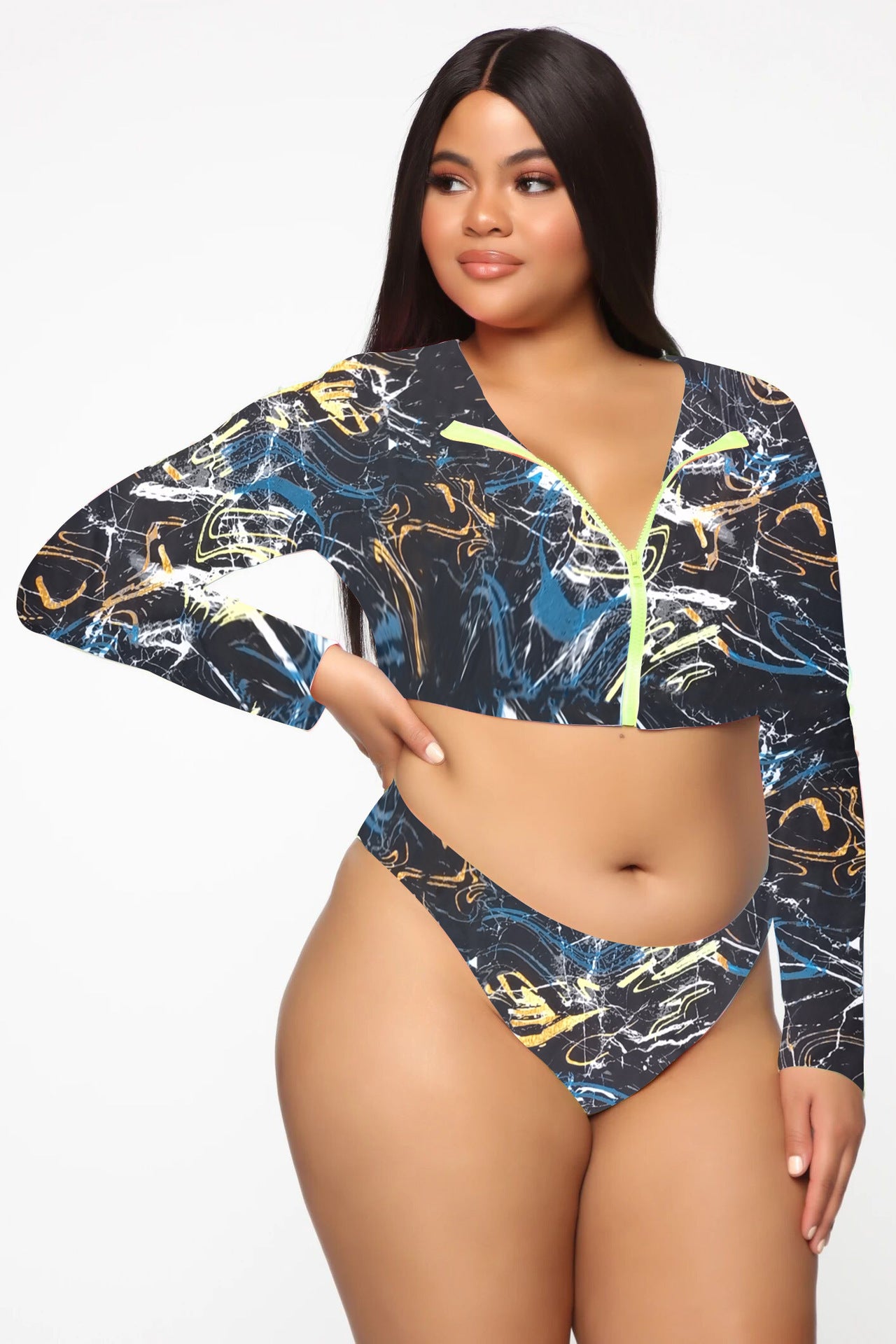 Plus Size Bikini Long Sleeve Zipper Swimsuit  Colorful Sexy  Swimsuit