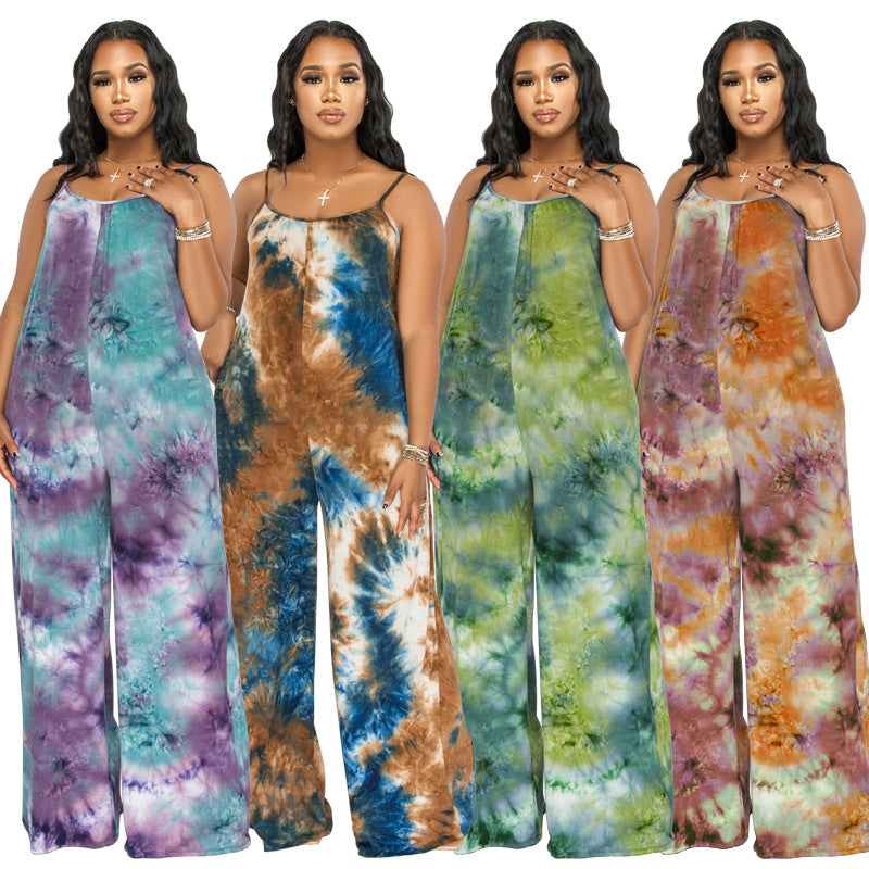 Plus Size New Tie-Dyed Printed Sling Casual Pants Straight Stylish Loose  Jumpsuit