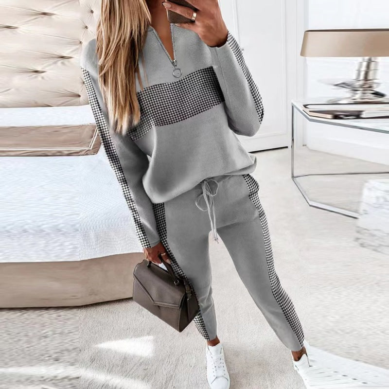 New women's gray stitching zipper track suit kakaclo