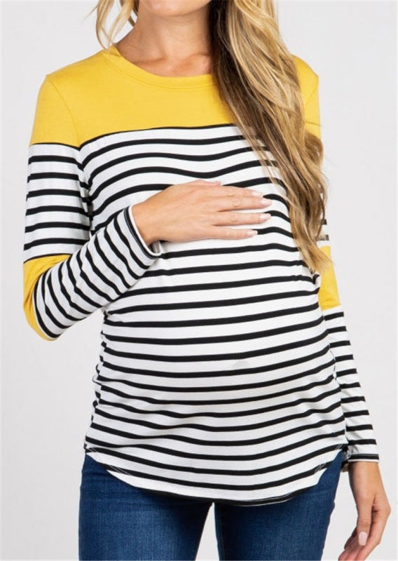 Stripe stitching long-sleeved casual anti-fading breastfeeding maternity top kakaclo