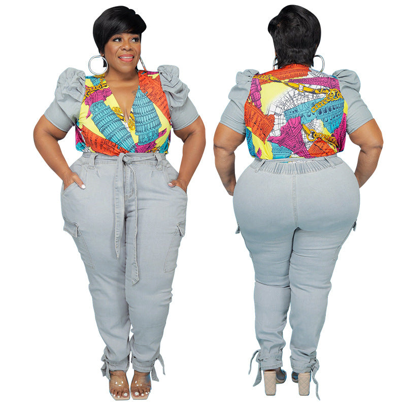 Plus Size New Autumn Jeans Printed Puff Sleeve Women Suit