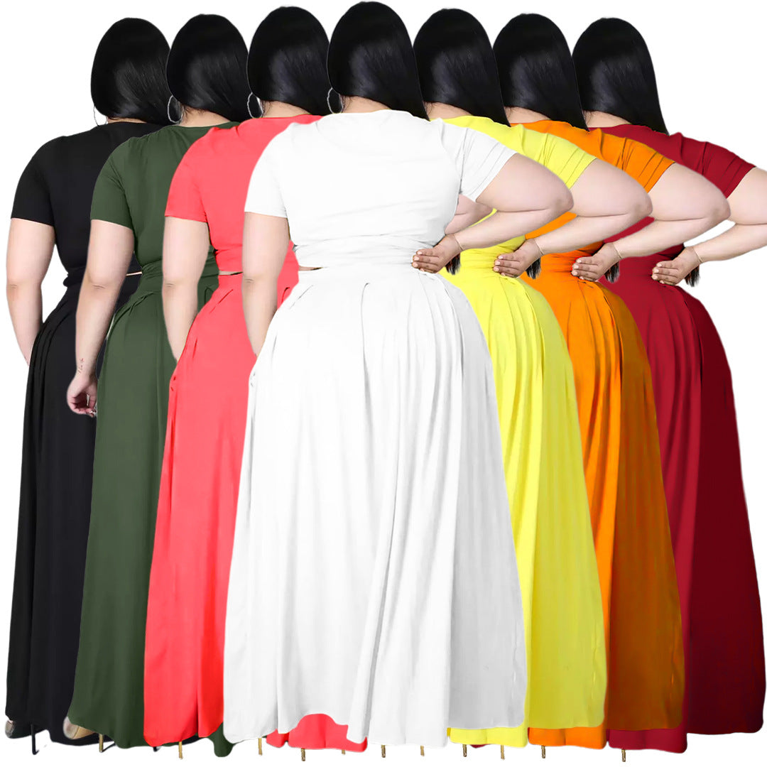 Plus Size Plus Size Women Solid Color Criss Cross Lace-up Large Swing Skirt Two-Piece Suit