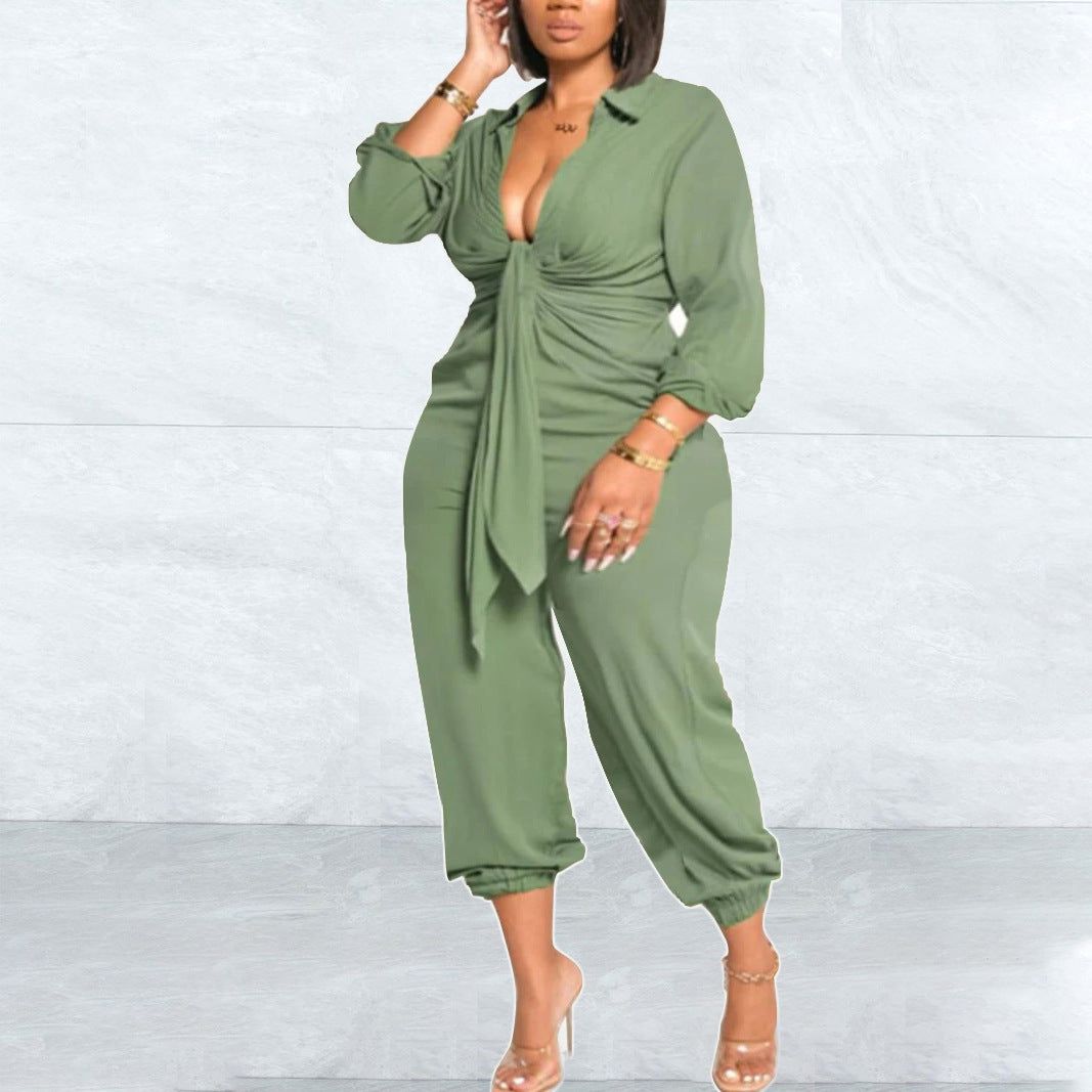 Plus Size Women Clothing Solid Color Casual Light Luxury V-neck Ankle-Tied Jumpsuit