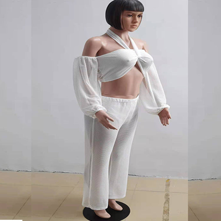 Plus Size Plus  Size Women Lace Mesh Wrapped Chest Halter Straight-Leg Pants Solid Color Two-Piece Set