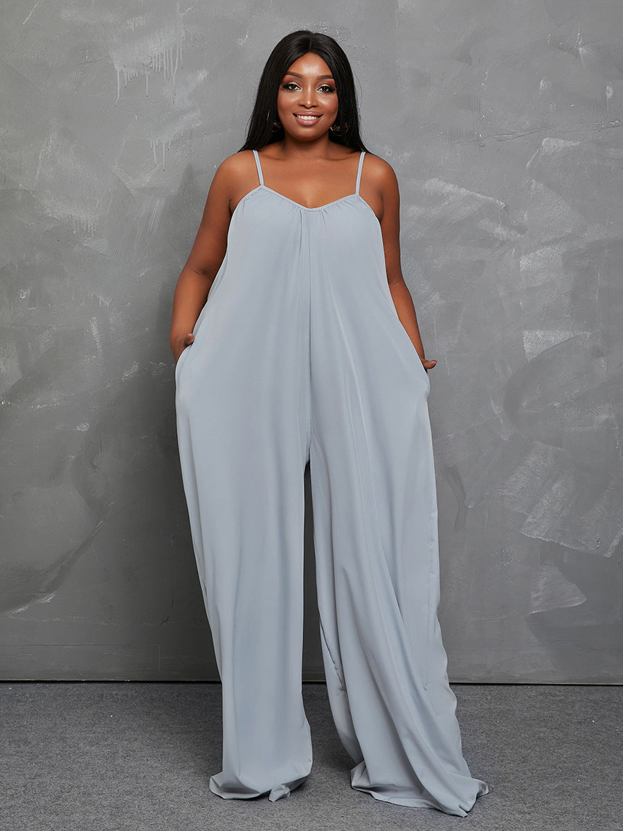 Plus Size Women Clothing Summer Sling Loose  Bell Bottom Pants Solid Color Jumpsuit