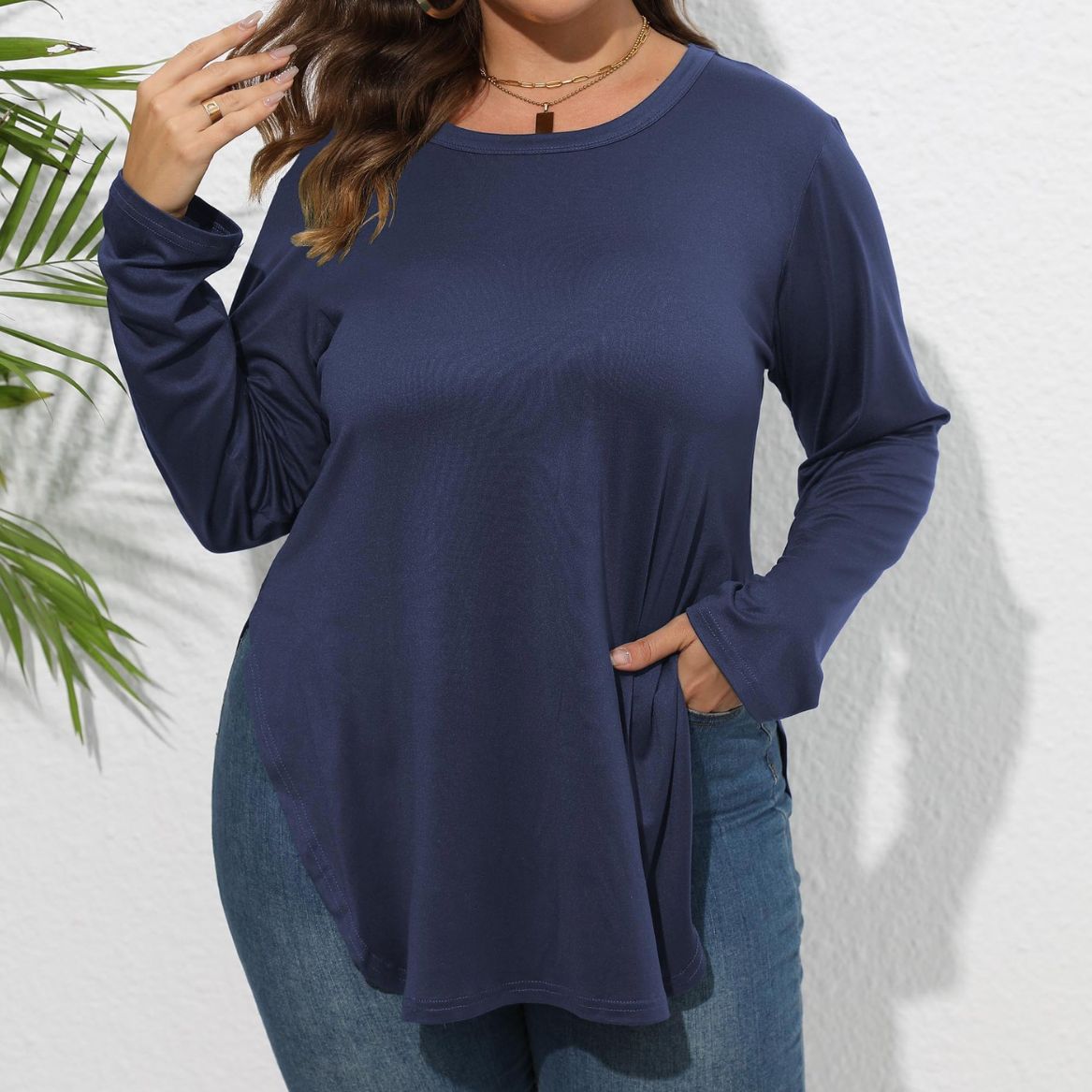 Women Autumn Winter Long Sleeved plus Size Women Clothes Solid Color Casual Irregular Asymmetric T shirt Bottoming Shirt