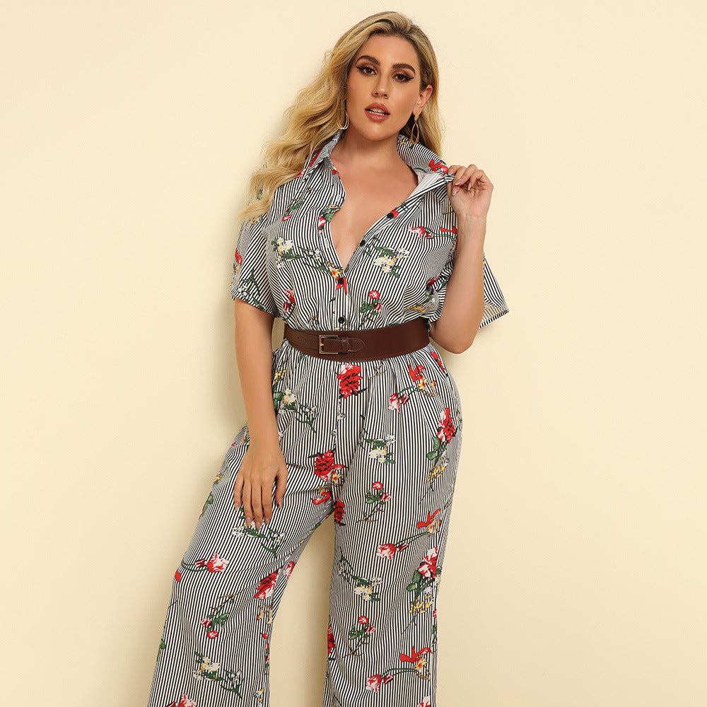 Plus Size Women Clothing Spring Summer Polo Collar Striped Printed Wide Leg Sexy Jumpsuit