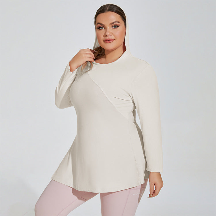 Plus Size Slim Fit Hem Side Slit Sports Top Women Yoga Clothes Workout Long Sleeve Casual Hooded Running T shirt