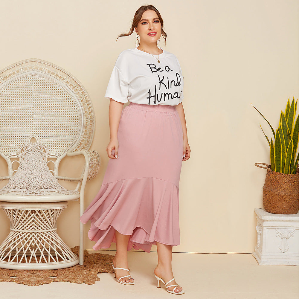 Plus Size Women Short Sleeve Letter Graphic Print T-shirt Top Solid Color Loose Pleated Skirt Casual Two-Piece Suit