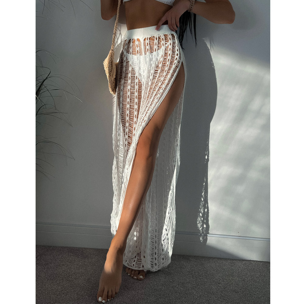 Vacation Sexy See through Mesh Hollow Out Split Strap Knitted Mop Beach Pants Women