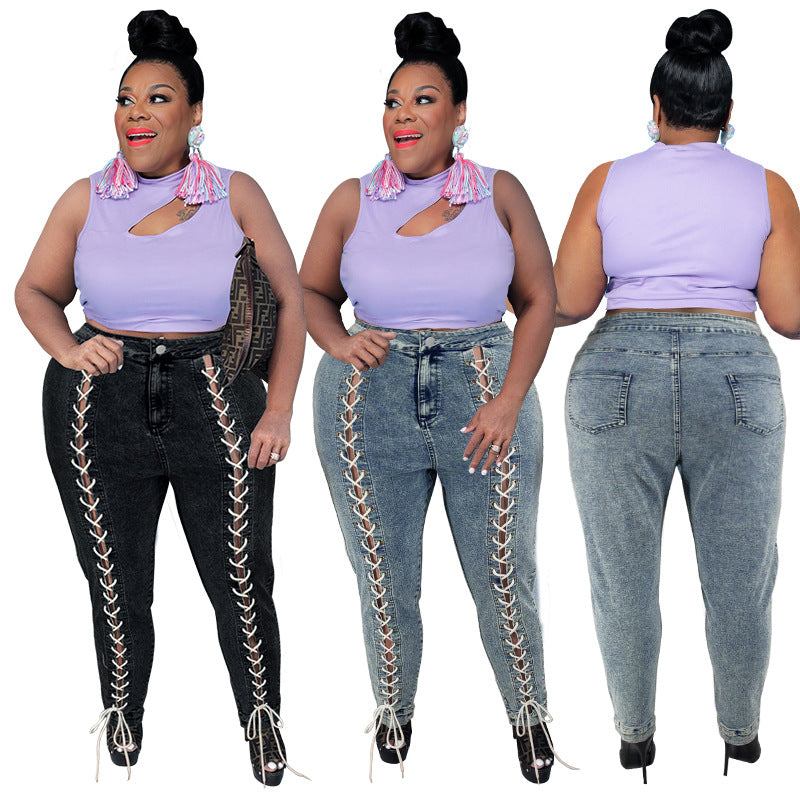 Plus Size Women Clothing Autumn  Corns Rope Hand Brush Floral Jeans