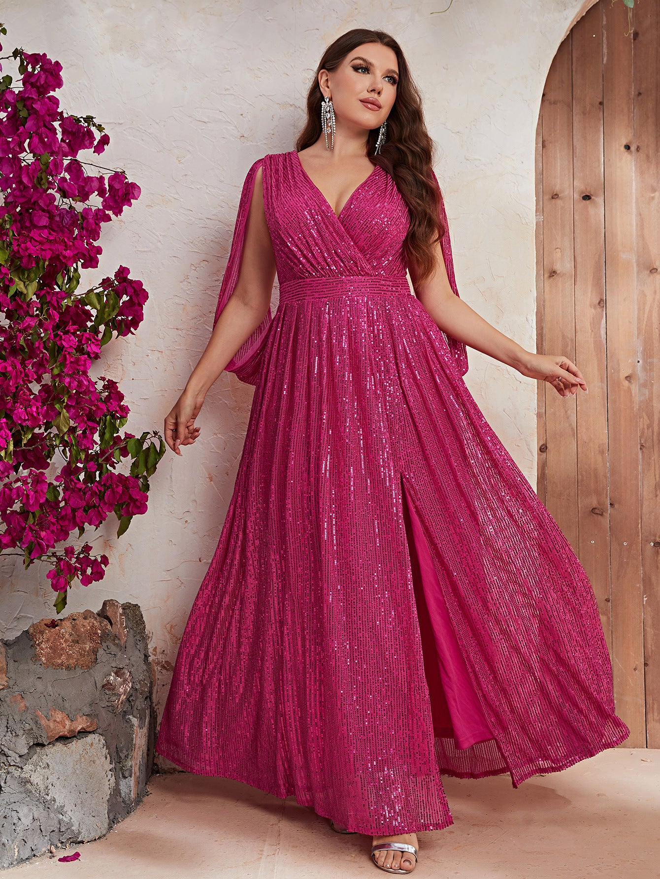 Plus Size Rose Red Dress Sequin V neck Cocktail Light Luxury Evening Maxi Dress