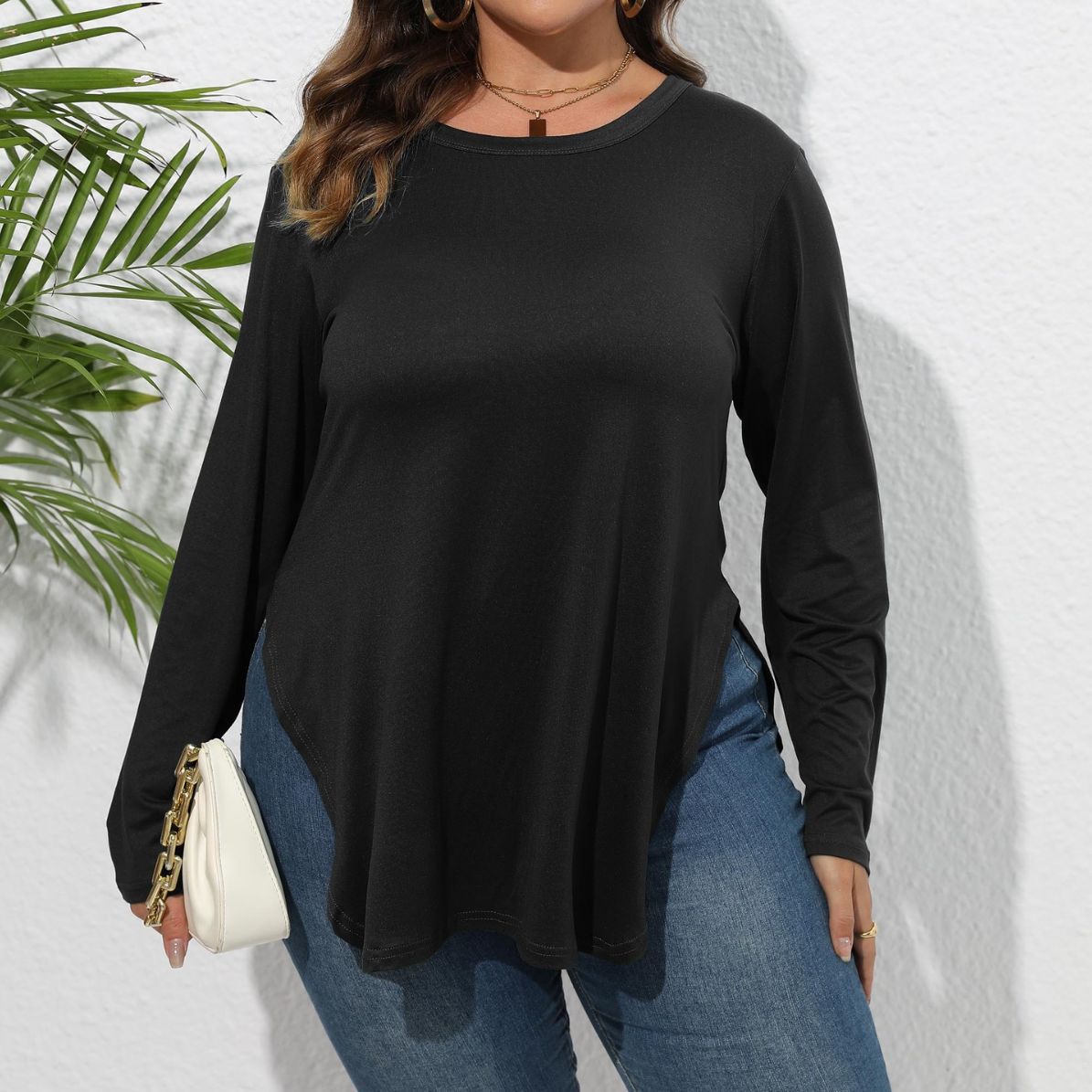 Women Autumn Winter Long Sleeved plus Size Women Clothes Solid Color Casual Irregular Asymmetric T shirt Bottoming Shirt