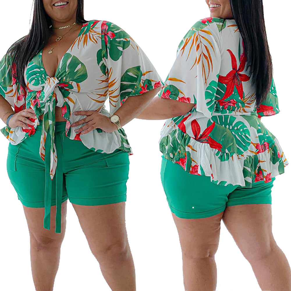 Plus Size Summer Casual Printing  Half Sleeve Casual Two-Piece Suit Women