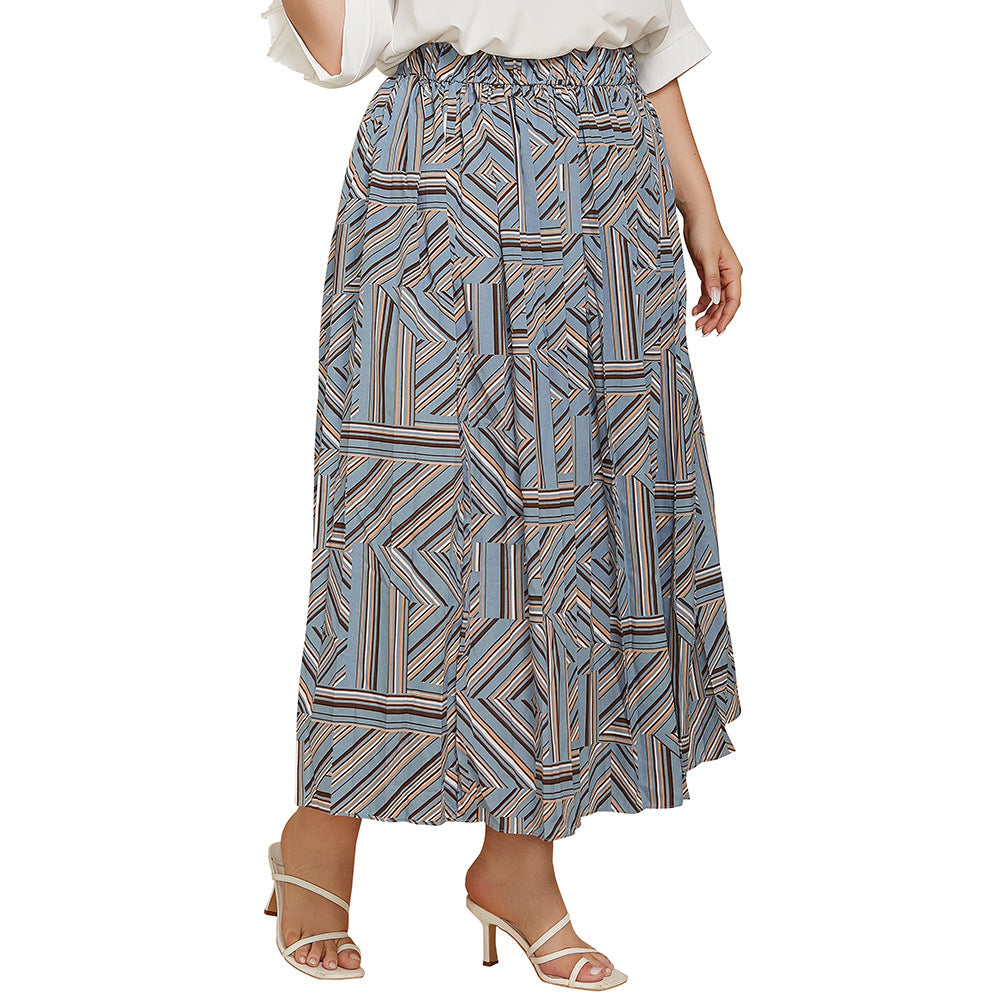 Plus Size Spring Autumn  Women Geometric Abstract Print Pleated Skirt Loose Maxi Dress