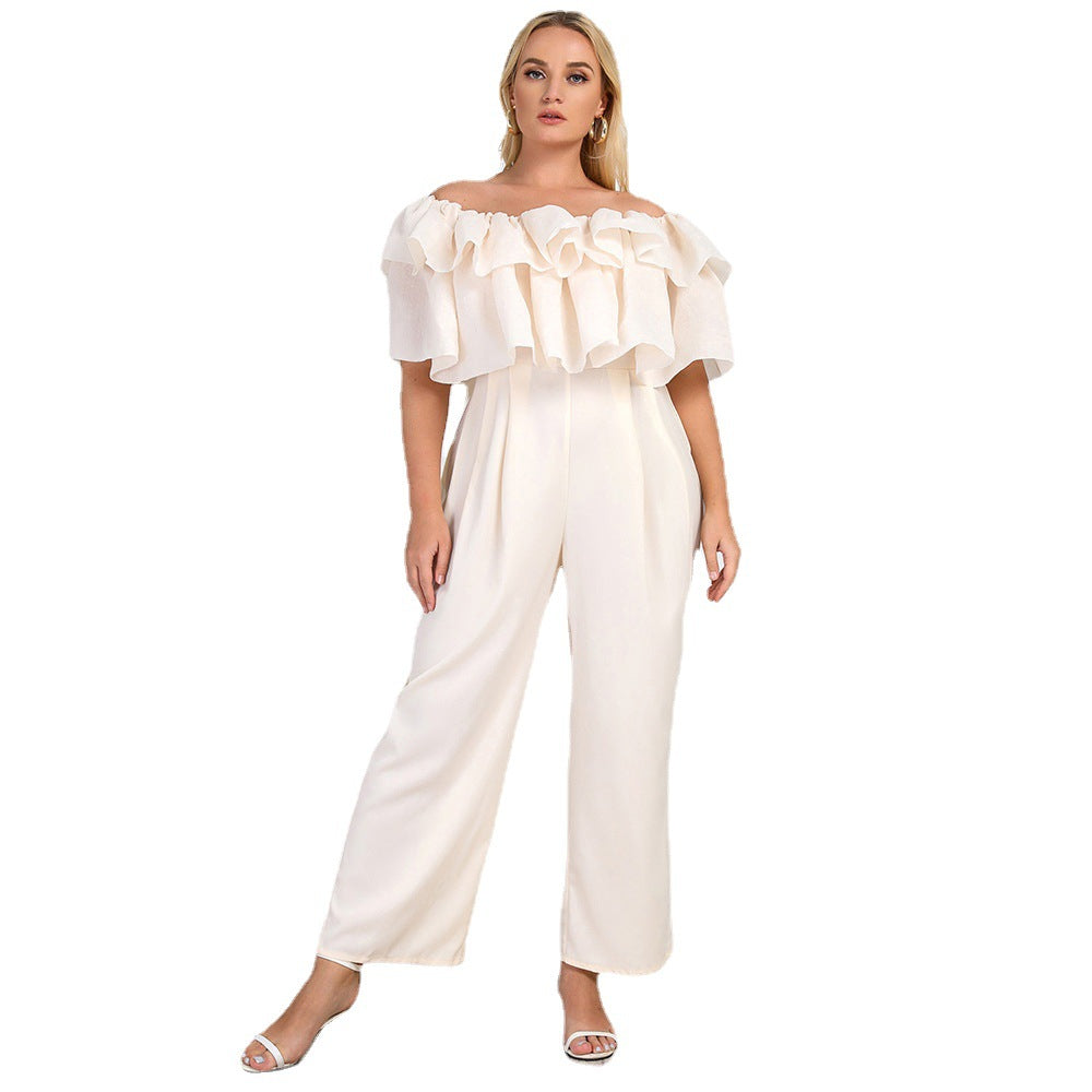 Plus Size Women  Clothing Summer New Lotus Edge off-Shoulder Solid Straight-Leg Office Casual Pants Jumpsuit