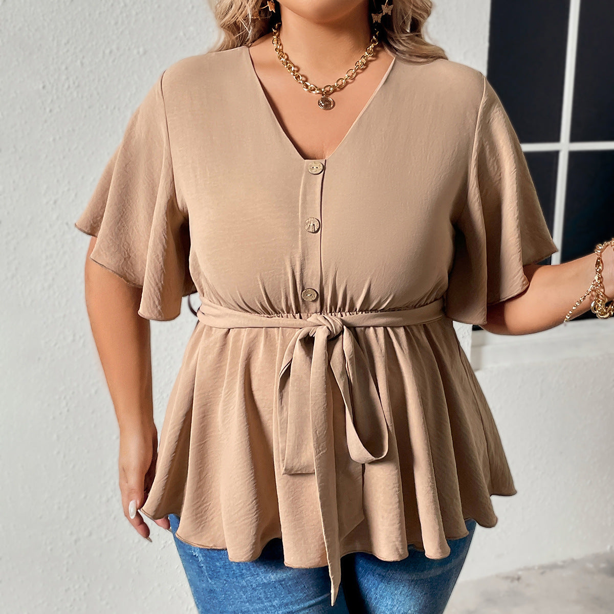 Plus Size Popular Summer V neck Slimming Casual Women Top