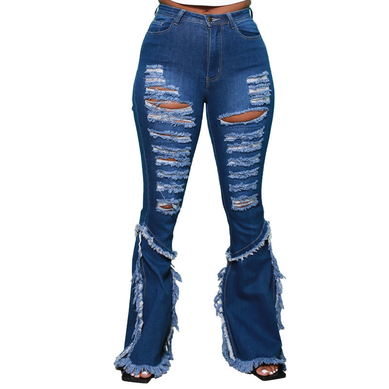 Plus Size Horn Hole Washing Tassel Women Clothing Oversized Jeans