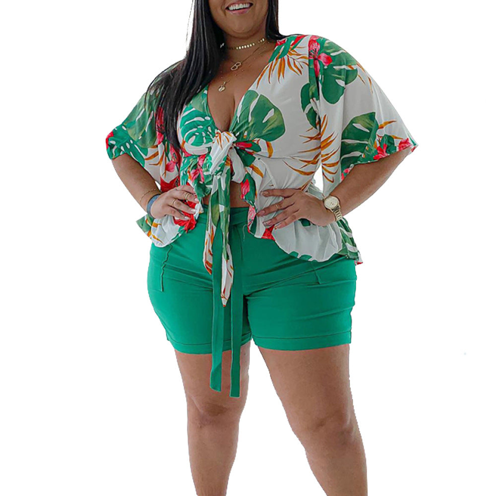 Plus Size Summer Casual Printing  Half Sleeve Casual Two-Piece Suit Women
