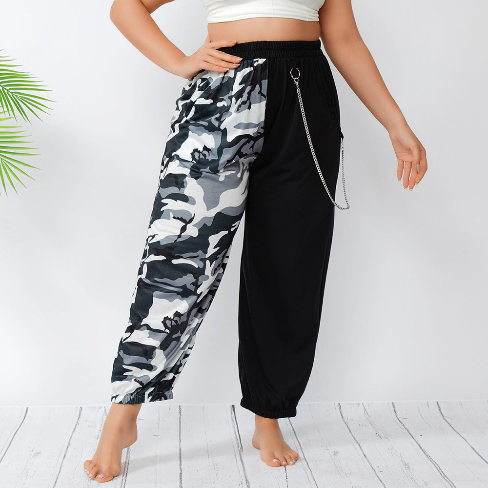 Plus Size Trendy  Ankle-Tied Harem Pants Summer Street Camouflage Stitching Chain Loose Hip Hop Casual Pants