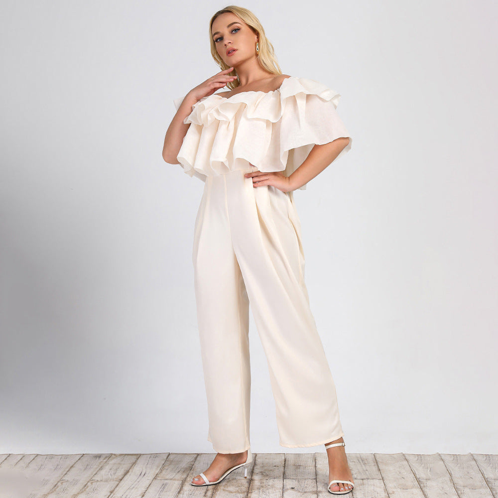 Plus Size Women  Clothing Summer New Lotus Edge off-Shoulder Solid Straight-Leg Office Casual Pants Jumpsuit