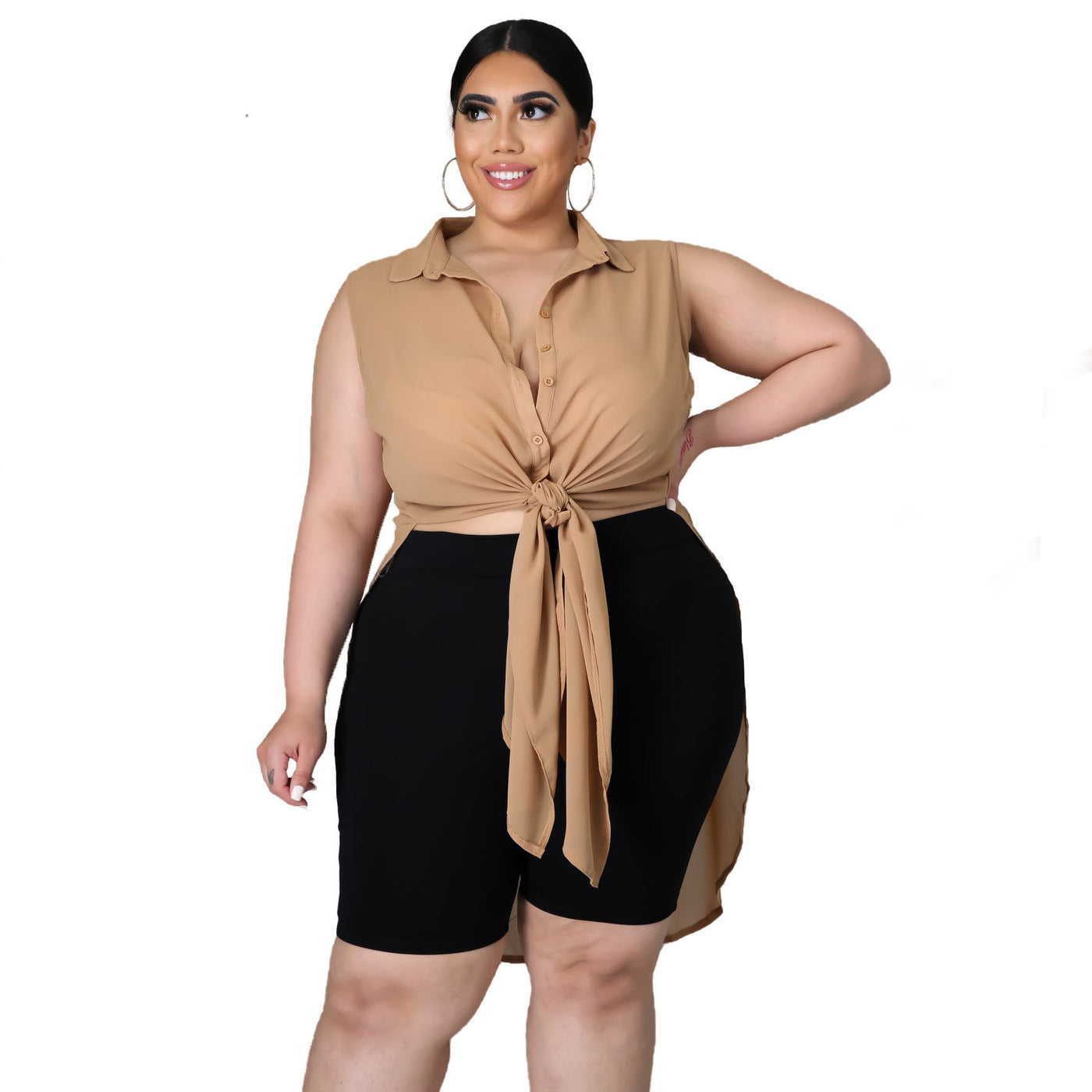 Plus Size Summer Women Clothing Office Self-Tie Slit Chiffon Solid Color  Women Long Shirt