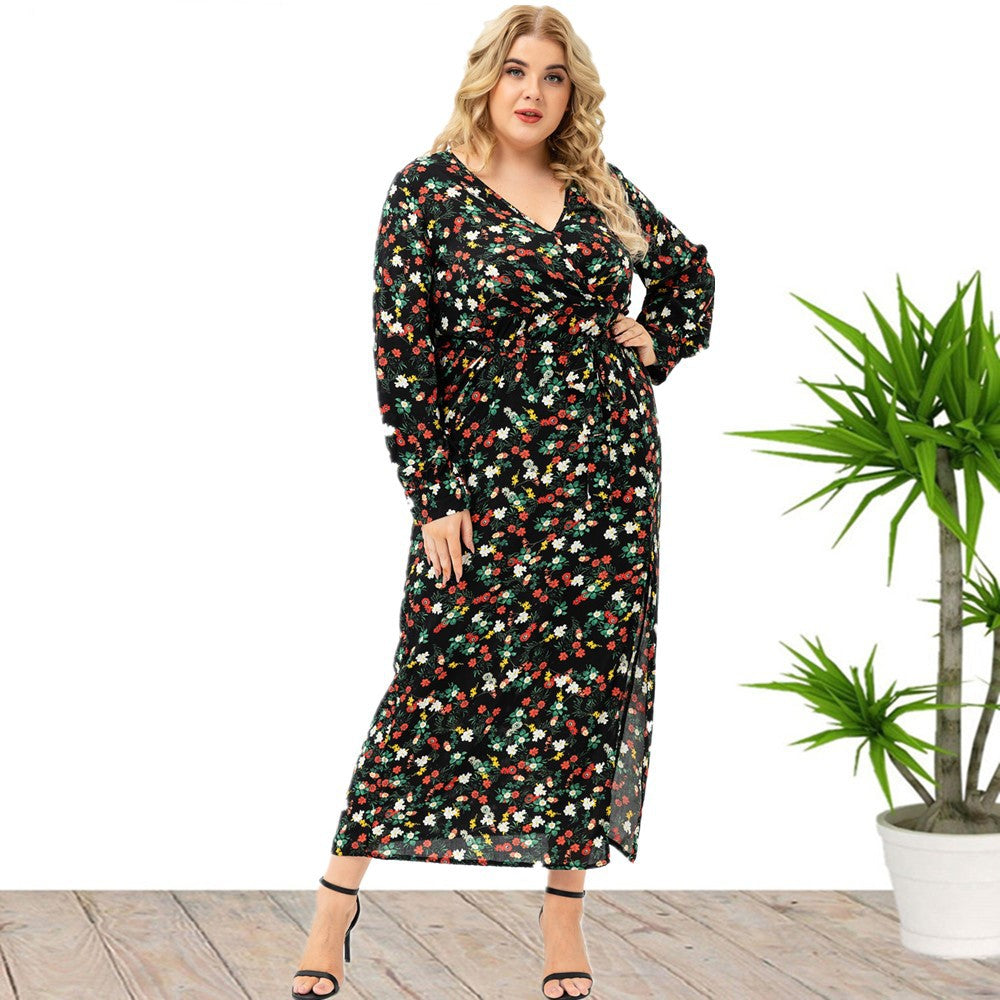 Plus Size Women Autumn Long Sleeve Floral Split Dress