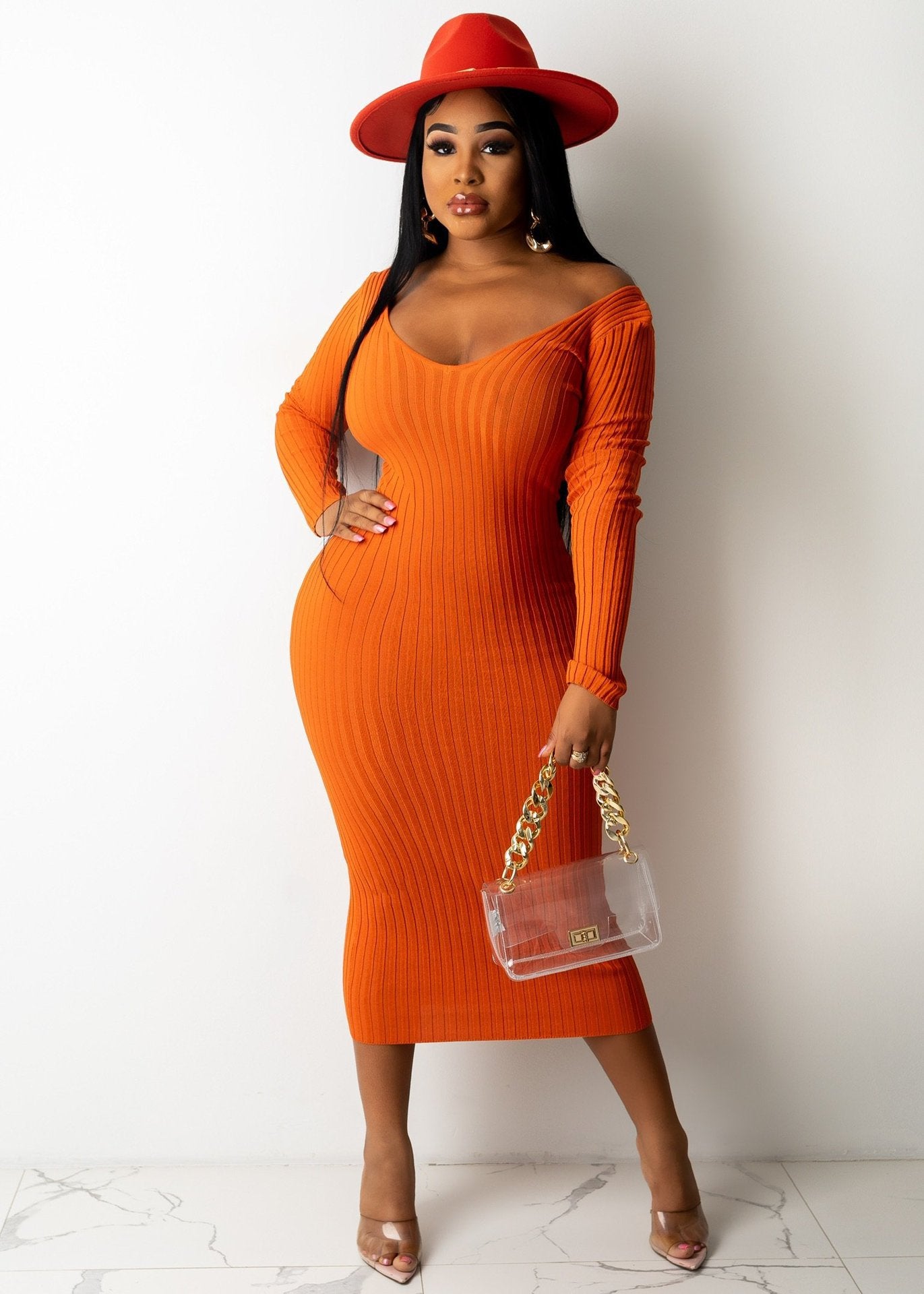 Plus Size Fall Winter V neck Off Shoulder Thread Sexy Dress