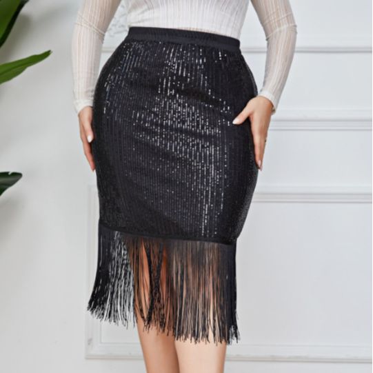 Plus Size High Waist Retro Office Sheath Sequined Tassel Skirt