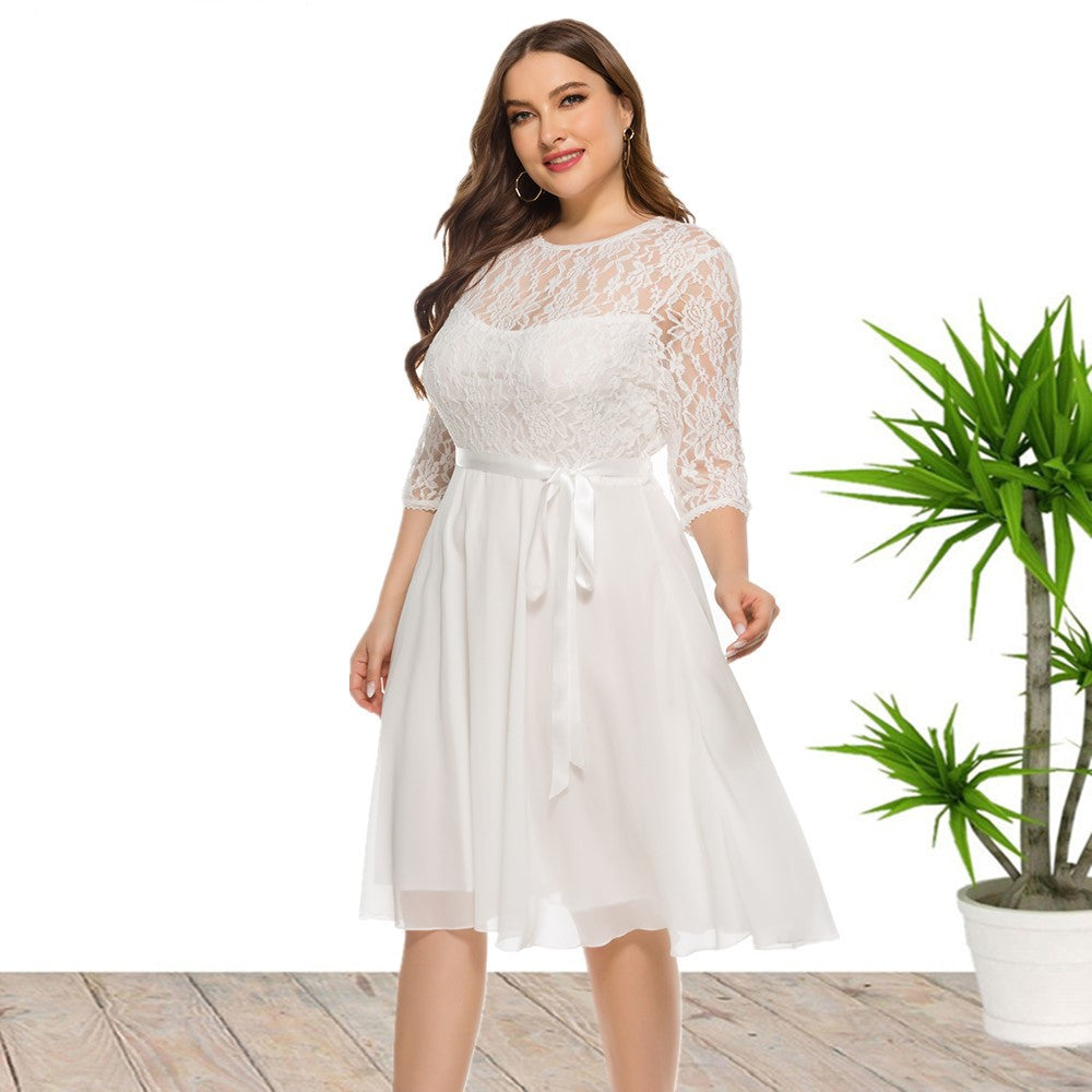 Plus Size Women Clothing Summer Lace Chiffon Stitching Dress