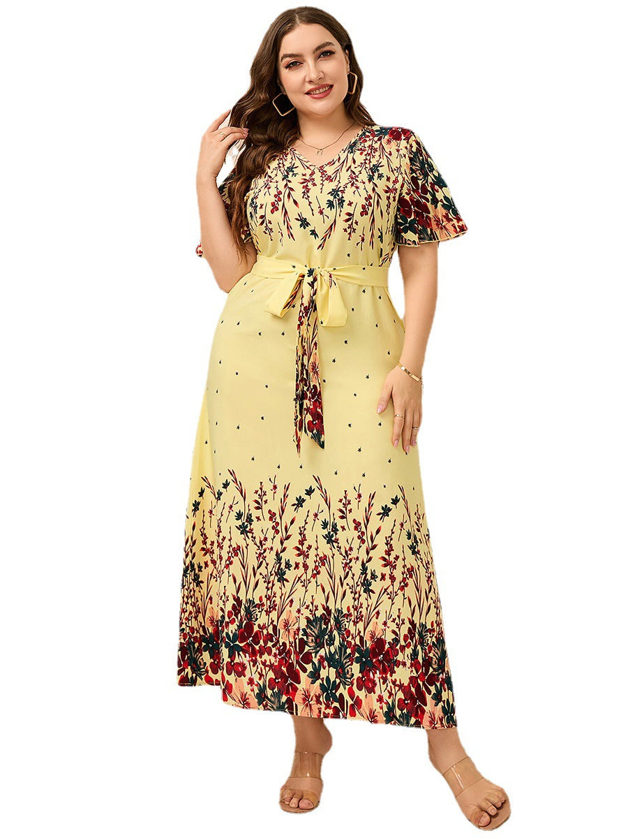 Plus Size Ladies  Bilateral Positioning Printed V-neck Lace up Casual Holiday Swing Dress