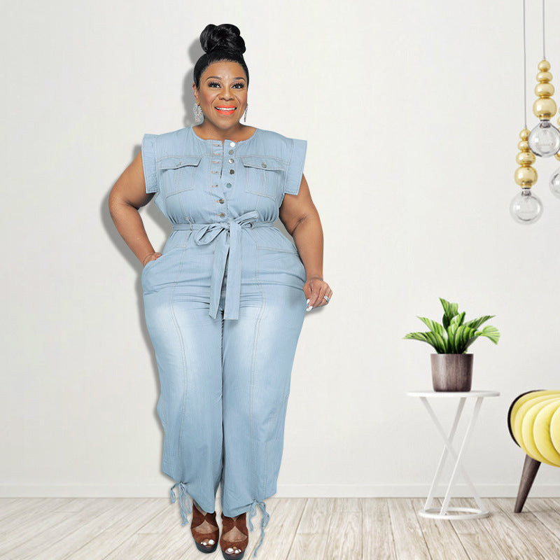 Plus Size Plus Size Women Clothing Summer Washed Denim Casual Jumpsuit