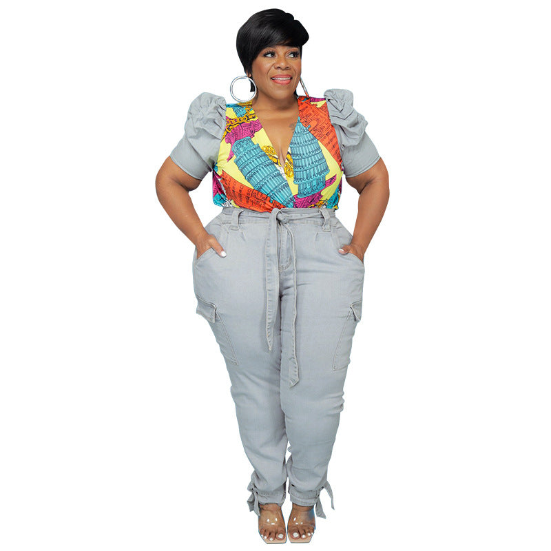 Plus Size New Autumn Jeans Printed Puff Sleeve Women Suit