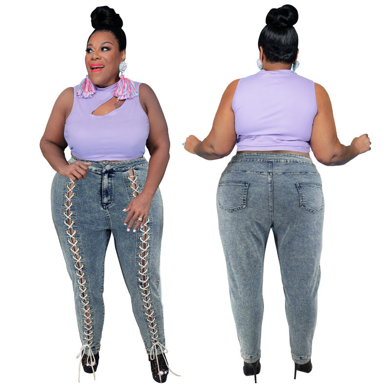 Plus Size Plus Size Women Clothing Summer New Double Row Corns Rope Jeans Women New