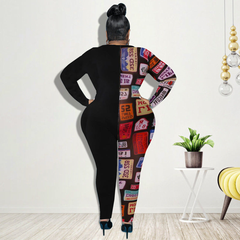 Plus Size Women Clothing Summer New Semi-Printed Jumpsuit