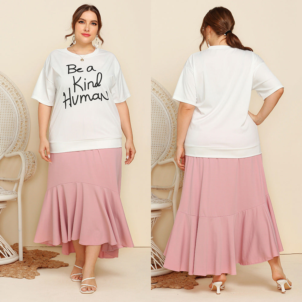 Plus Size Women Short Sleeve Letter Graphic Print T-shirt Top Solid Color Loose Pleated Skirt Casual Two-Piece Suit