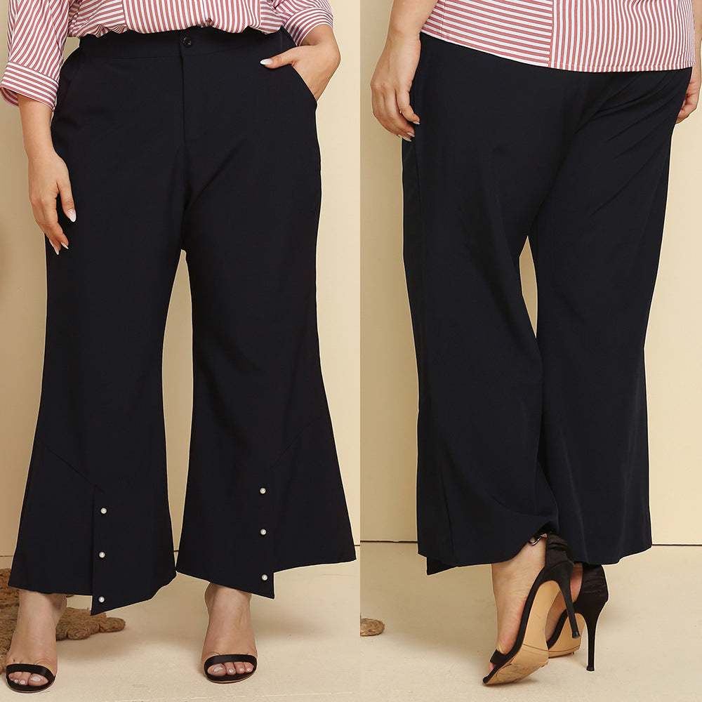 Plus Size Spring Autumn  Women Clothing Beaded Casual Wide-Leg Pants Pocket Solid Color Trousers