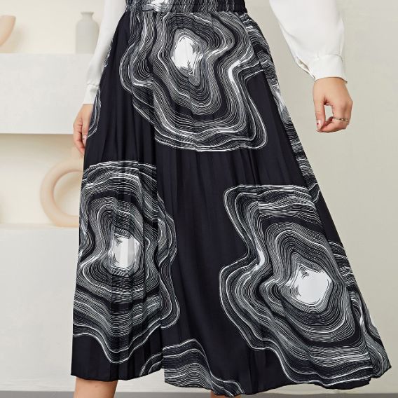 Plus Size  Skirt High Waist Retro Office Sheath Printed Pleated Skirt