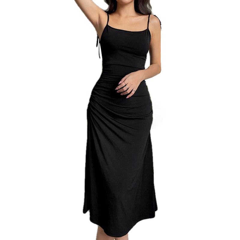 Solid strap skirt black backless Pleated Dress FashionExpress