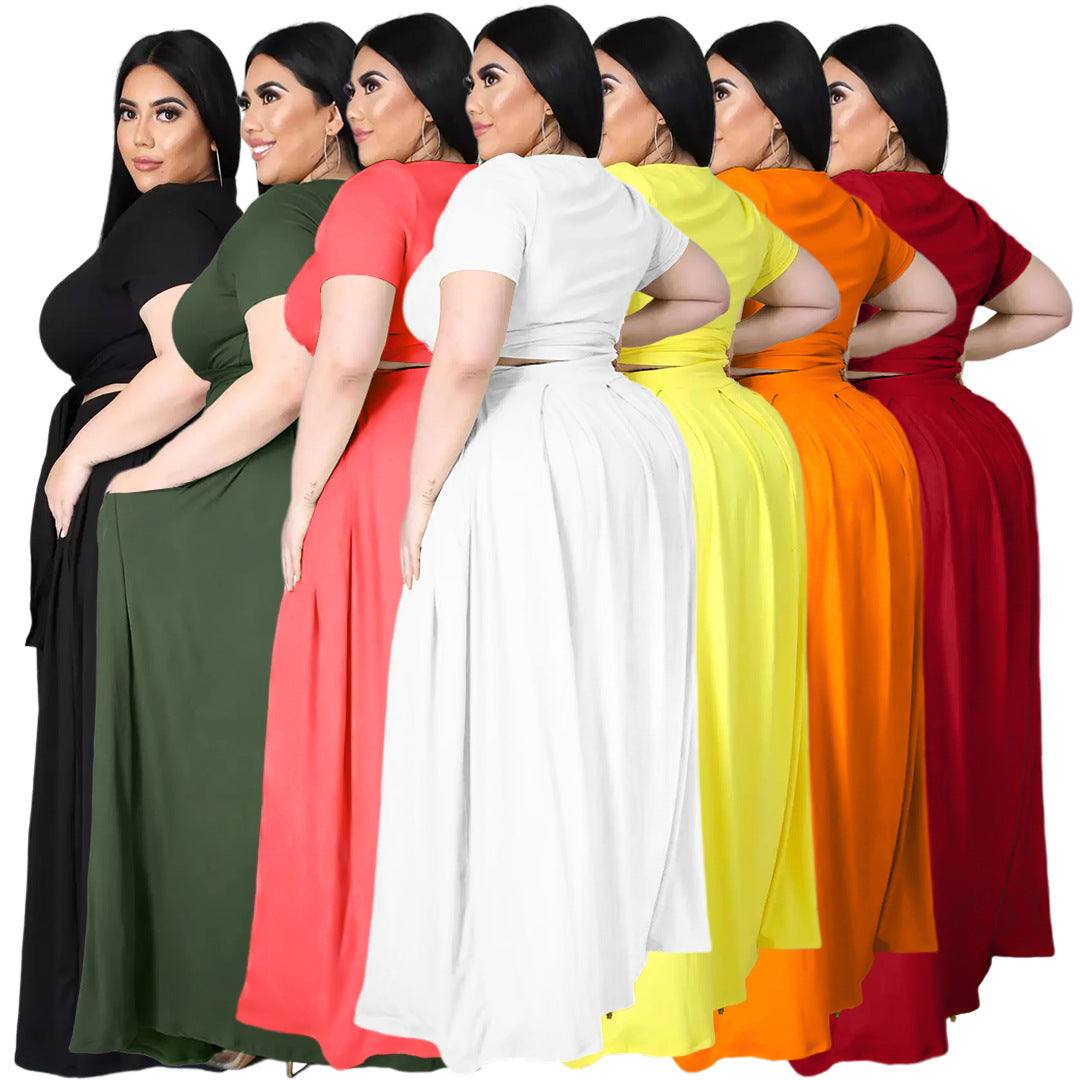 Plus Size Plus Size Women Solid Color Criss Cross Lace-up Large Swing Skirt Two-Piece Suit