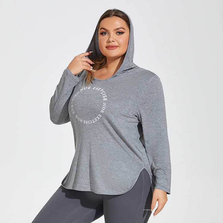 Plus Size Printed Logo Sports Long Sleeve Breathable Fitness Running Hooded Top Loose Yoga Clothes Women Overall