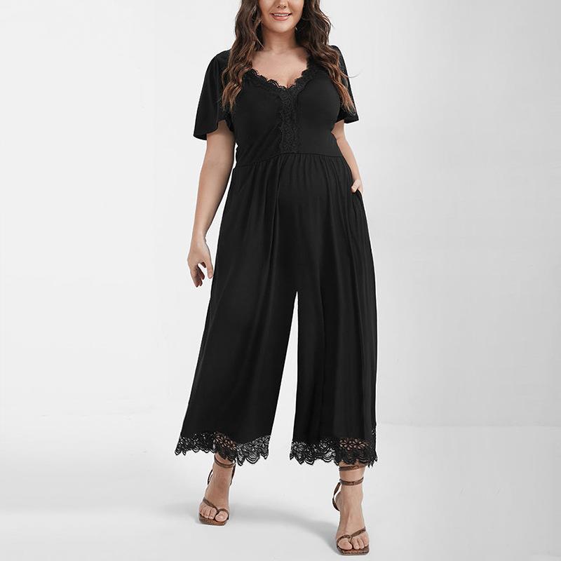 Plus Size  Spring Summer Elegant Women Knitted Lace Stitching Jumpsuit