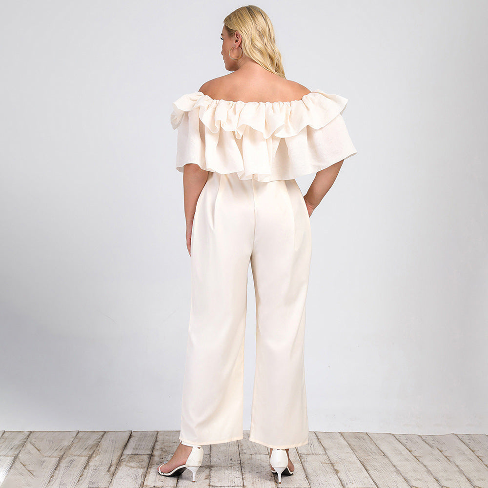 Plus Size Women  Clothing Summer New Lotus Edge off-Shoulder Solid Straight-Leg Office Casual Pants Jumpsuit